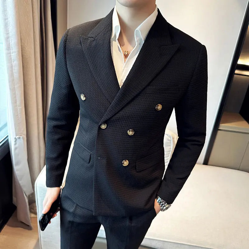 costume croisé homme, costume homme slim fit, costume texturé homme, costume homme moderne, costume mariage homme chic








