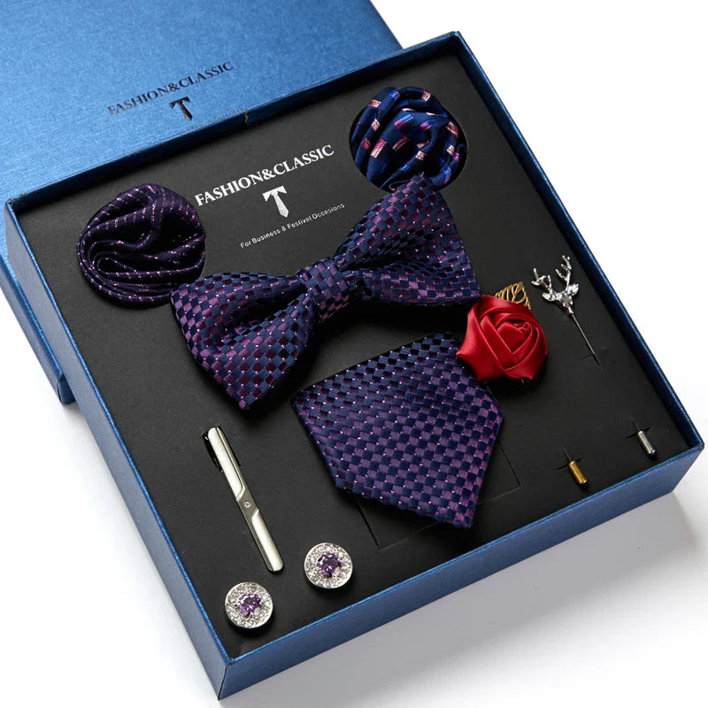 coffret cravate homme, ensemble accessoires masculins, coffret cadeau gentleman, cravate élégante, boutons de manchette