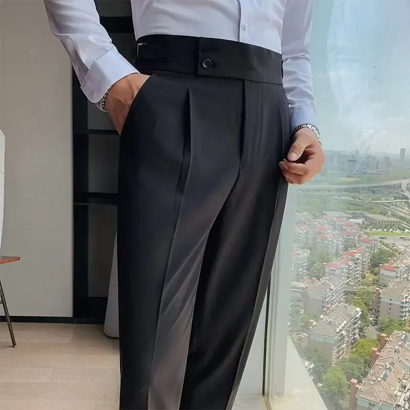 pantalon taille haute homme, pantalon slim habillé, pantalon homme élégant, pantalon formel taille haute, pantalon homme polyester