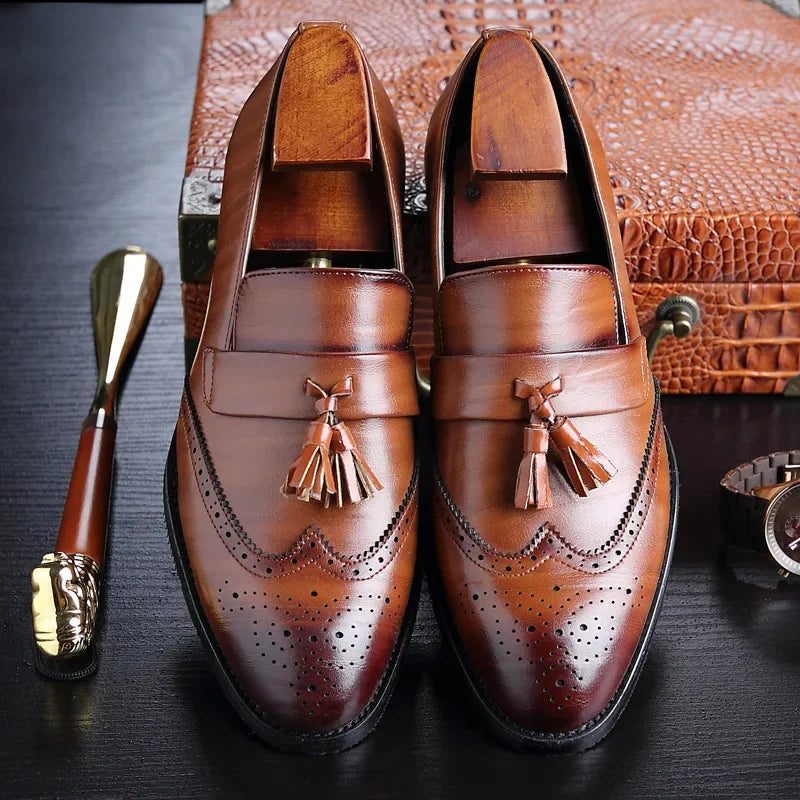 mocassin homme élégant, chaussure à glands homme, mocassin brogue homme, chaussure de ville marron, chaussure homme formelle