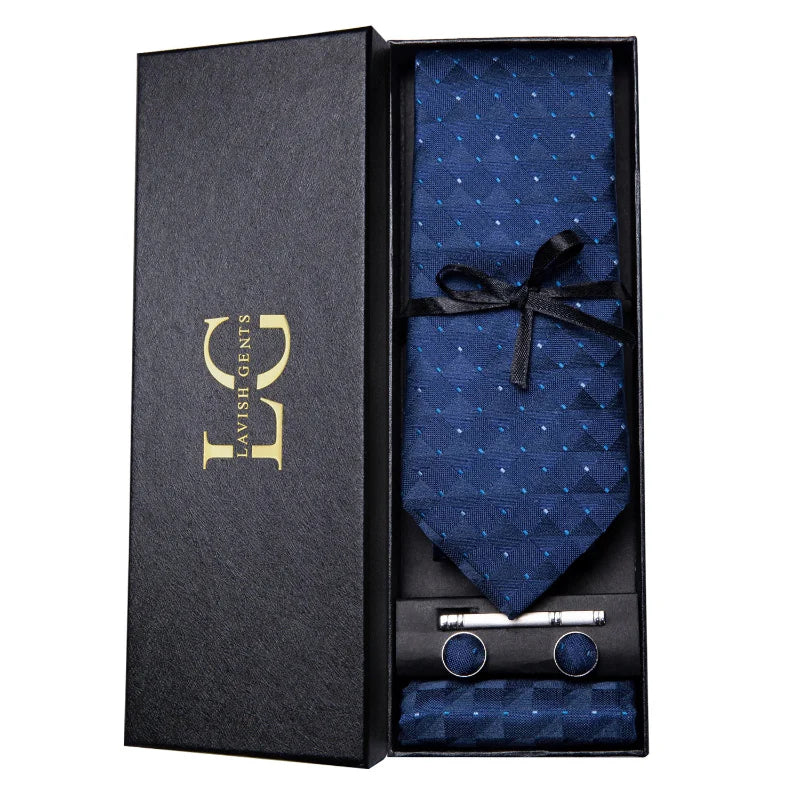 coffret cravate luxe, cravate imprimée en soie, accessoire homme formel, boutons de manchette et pochette, cravate design exclusif
