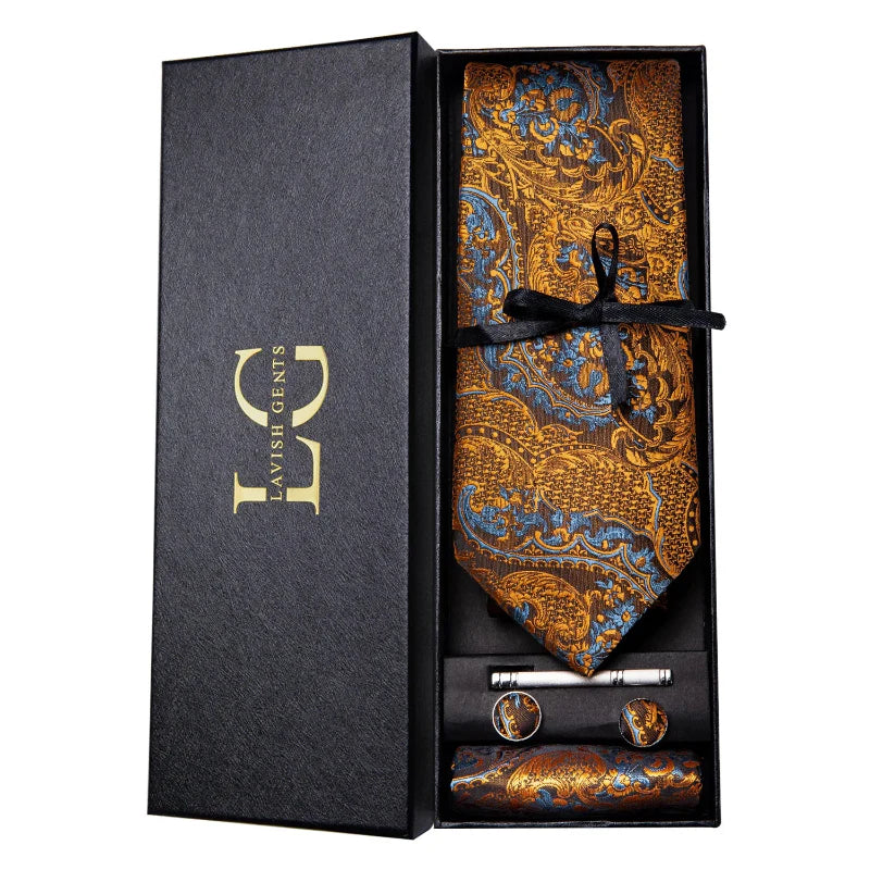 coffret cravate luxe, cravate imprimée en soie, accessoire homme formel, boutons de manchette et pochette, cravate design exclusif