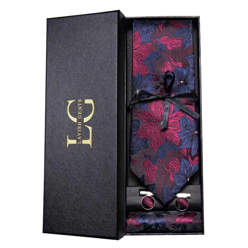 coffret cravate luxe, cravate imprimée en soie, accessoire homme formel, boutons de manchette et pochette, cravate design exclusif
