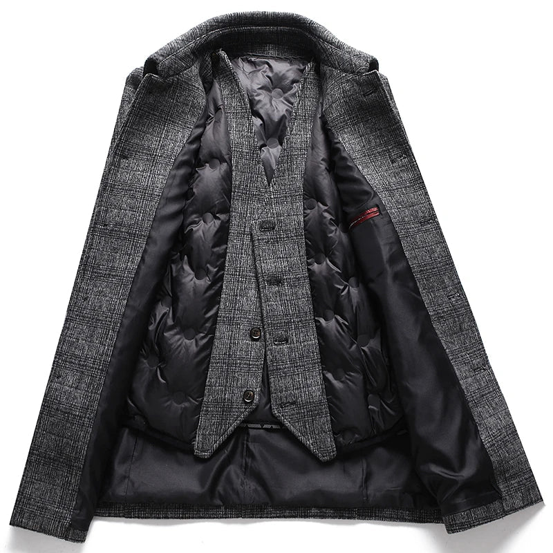 manteau homme hiver élégant avec gilet, manteau long en laine homme slim fit, veste formelle homme chaude hiver, manteau homme classe avec doublure matelassée, manteau professionnel homme chic et chaud









