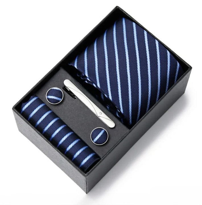 coffret cravate homme, cravate rayée en soie, accessoire masculin élégant, boutons de manchette en soie, coffret cadeau de luxe
