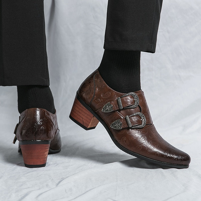 chaussure homme vintage, chaussure homme boucle, chaussure homme talon bloc, chaussure homme marron motif, chaussure de ville originale