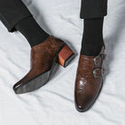 chaussure homme vintage, chaussure homme boucle, chaussure homme talon bloc, chaussure homme marron motif, chaussure de ville originale