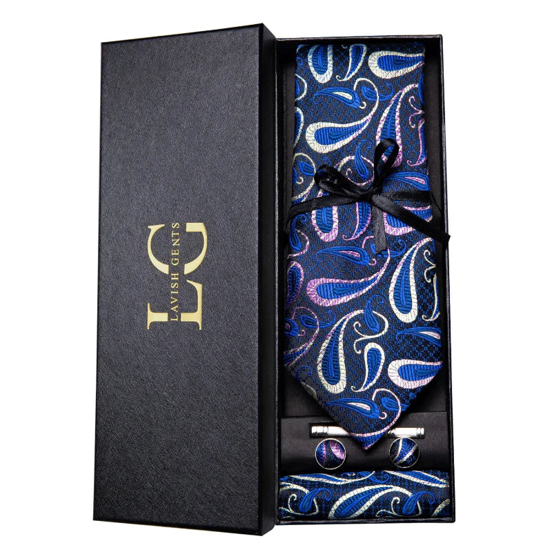 coffret cravate luxe, cravate imprimée en soie, accessoire homme formel, boutons de manchette et pochette, cravate design exclusif
