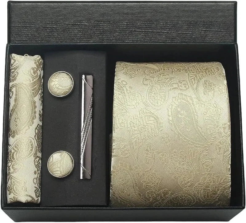 coffret cravate en soie, cravate imprimée de luxe, accessoire homme élégant, coffret cadeau pour homme, boutons de manchette et pochette