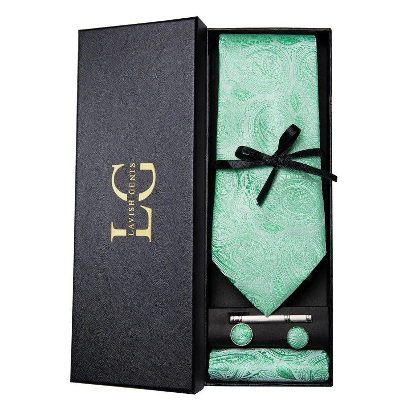 coffret cravate luxe, cravate imprimée en soie, accessoire homme formel, boutons de manchette et pochette, cravate design exclusif