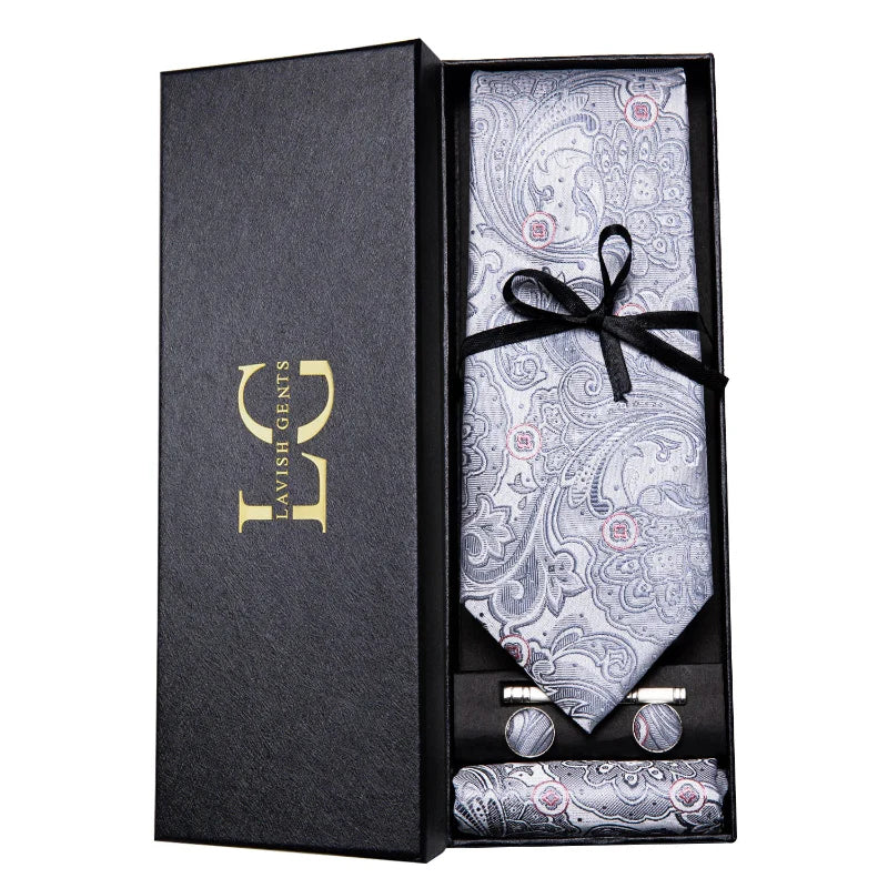 coffret cravate luxe, cravate imprimée en soie, accessoire homme formel, boutons de manchette et pochette, cravate design exclusif