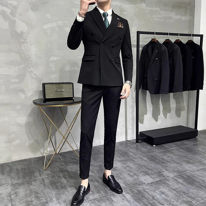 Costume, costume homme, costume croisé, costume homme à rayures craie, costume homme à rayures craie, costume homme croisé à rayures

