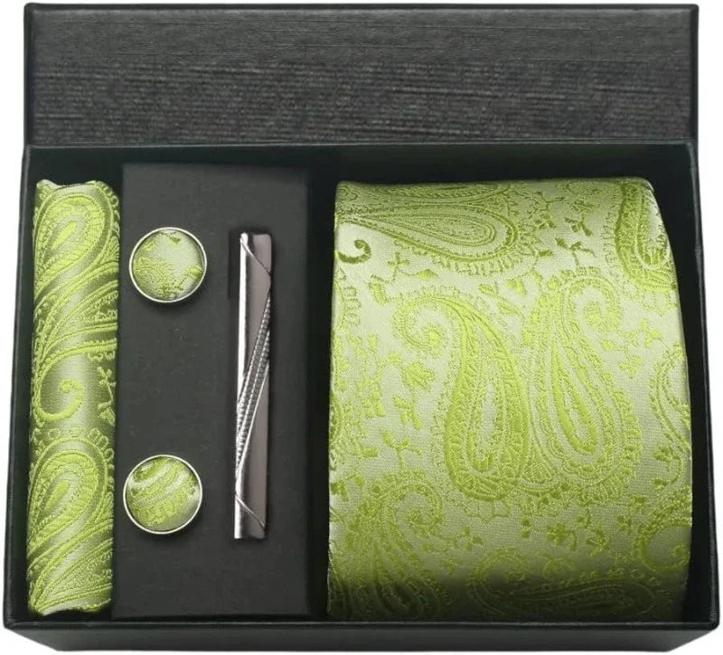 coffret cravate en soie, cravate imprimée de luxe, accessoire homme élégant, coffret cadeau pour homme, boutons de manchette et pochette