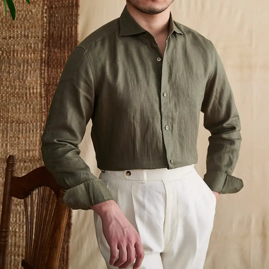 chemise habillée slim homme, chemise habillée homme en lin, chemise slim fit homme, chemise élégante homme, chemise en lin bleue homme