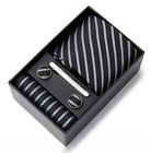 coffret cravate homme, cravate rayée en soie, accessoire masculin élégant, boutons de manchette en soie, coffret cadeau de luxe