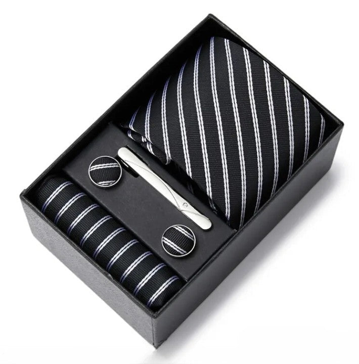 coffret cravate homme, cravate rayée en soie, accessoire masculin élégant, boutons de manchette en soie, coffret cadeau de luxe