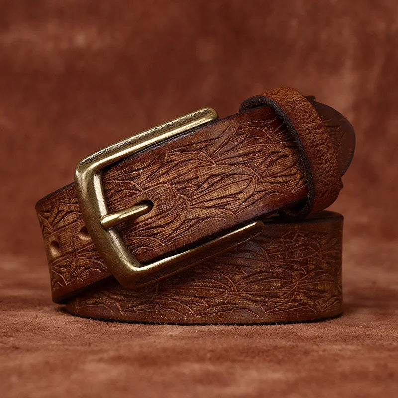 ceinture homme cuir gravé, ceinture vintage, accessoire homme élégant, ceinture artisanale, boucle en cuivre