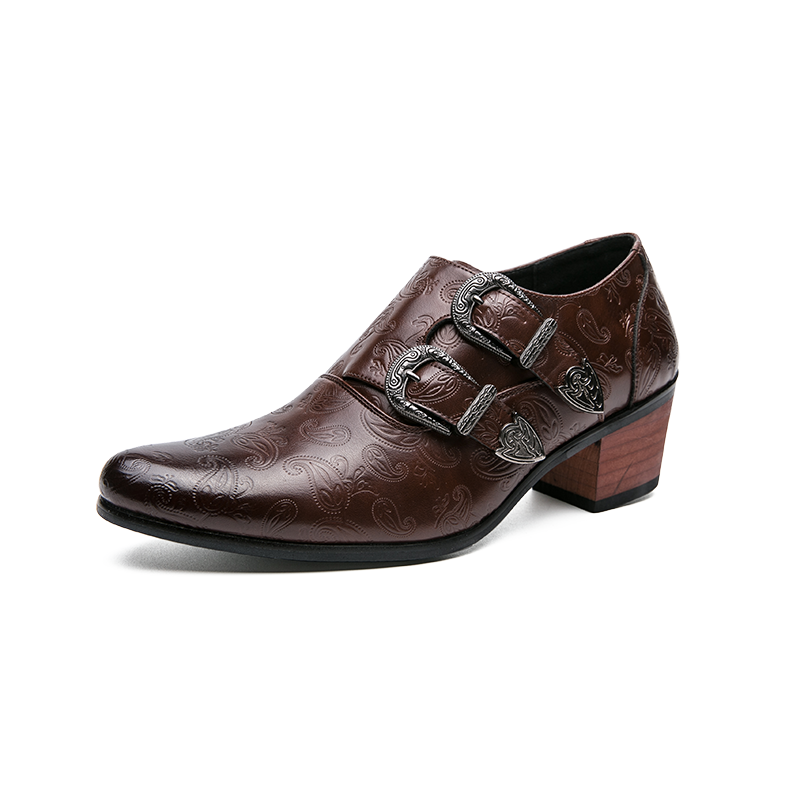 chaussure homme vintage, chaussure homme boucle, chaussure homme talon bloc, chaussure homme marron motif, chaussure de ville originale