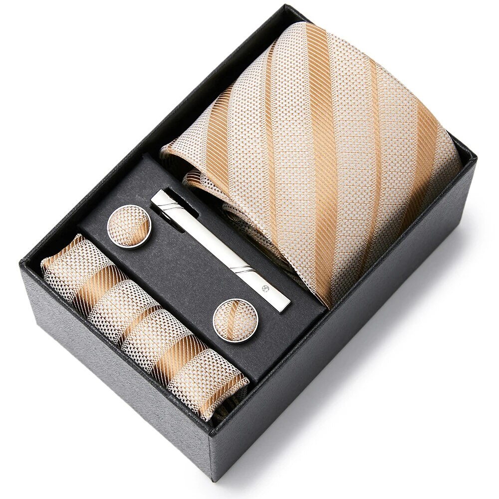coffret cravate homme, cravate rayée en soie, accessoire masculin élégant, boutons de manchette en soie, coffret cadeau de luxe