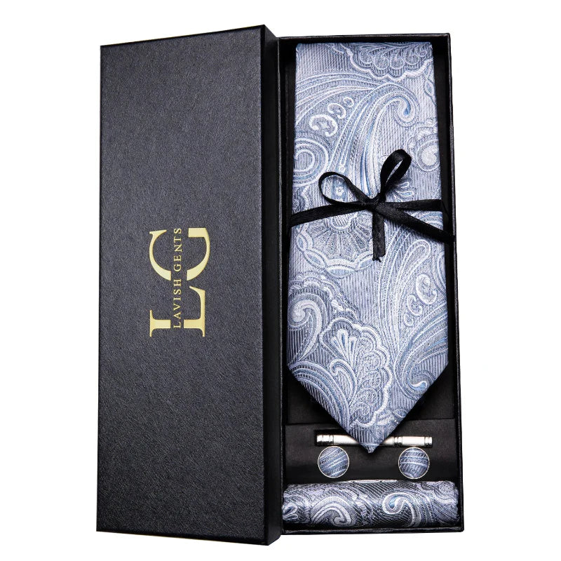 coffret cravate luxe, cravate imprimée en soie, accessoire homme formel, boutons de manchette et pochette, cravate design exclusif