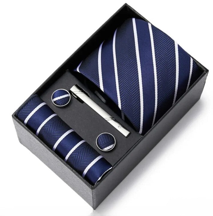 coffret cravate homme, cravate rayée en soie, accessoire masculin élégant, boutons de manchette en soie, coffret cadeau de luxe