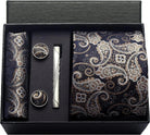 coffret cravate en soie, cravate imprimée de luxe, accessoire homme élégant, coffret cadeau pour homme, boutons de manchette et pochette