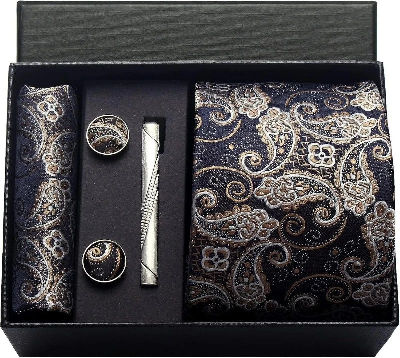 coffret cravate en soie, cravate imprimée de luxe, accessoire homme élégant, coffret cadeau pour homme, boutons de manchette et pochette