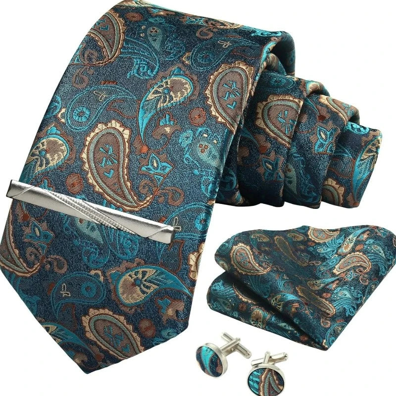 coffret cravate en soie, cravate imprimée de luxe, accessoire homme élégant, coffret cadeau pour homme, boutons de manchette et pochette