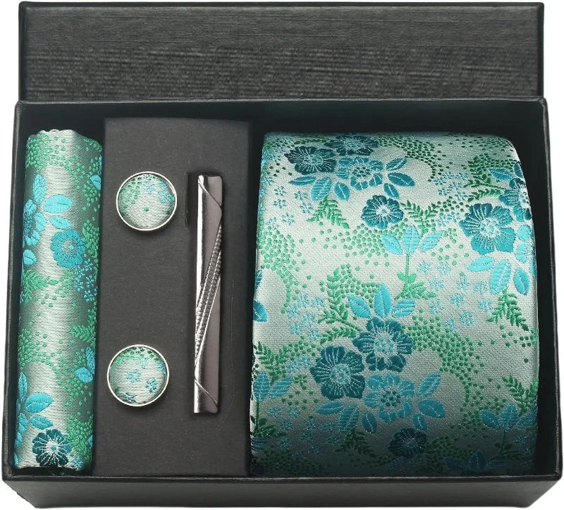 coffret cravate en soie, cravate imprimée de luxe, accessoire homme élégant, coffret cadeau pour homme, boutons de manchette et pochette