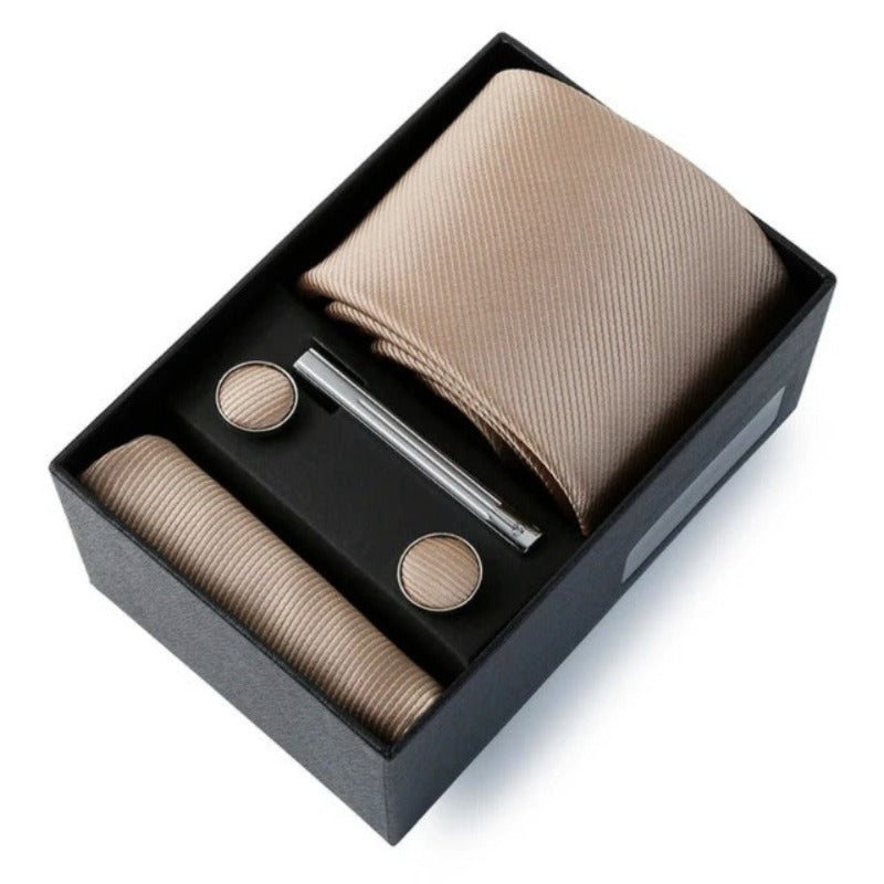 coffret cravate unie, cravate en soie et polyester, accessoire homme élégant, boutons de manchette de luxe, coffret cadeau pour homme