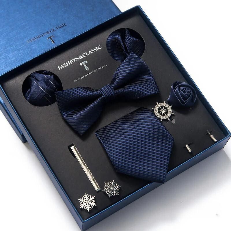 coffret cravate homme, ensemble accessoires masculins, coffret cadeau gentleman, cravate élégante, boutons de manchette