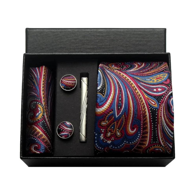 coffret cravate en soie, cravate imprimée de luxe, accessoire homme élégant, coffret cadeau pour homme, boutons de manchette et pochette