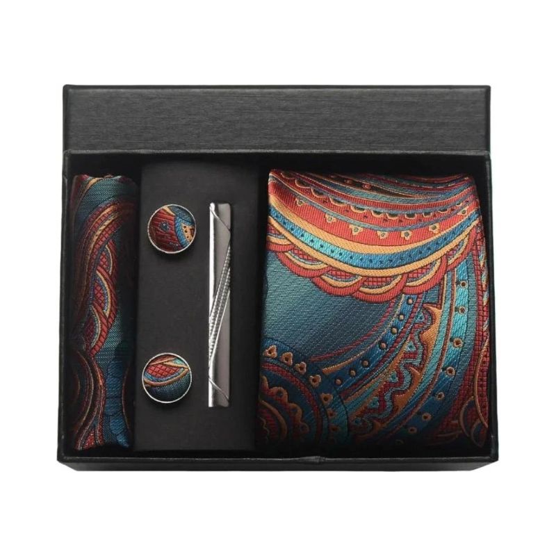 coffret cravate en soie, cravate imprimée de luxe, accessoire homme élégant, coffret cadeau pour homme, boutons de manchette et pochette