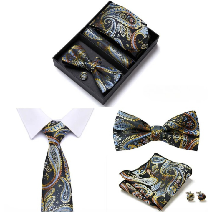 coffret cravate nœud papillon, ensemble cravate imprimée, accessoire homme de luxe, boutons de manchette en soie, coffret cadeau pour homme