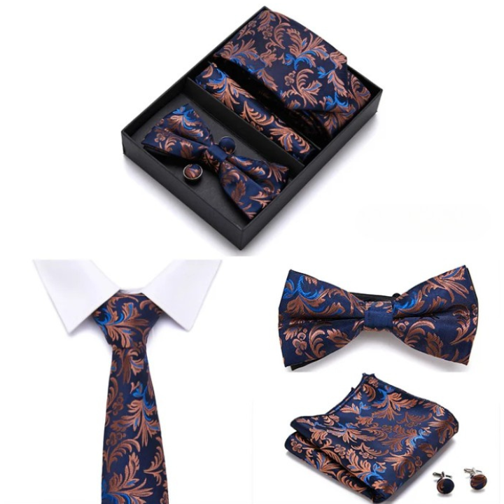 coffret cravate nœud papillon, ensemble cravate imprimée, accessoire homme de luxe, boutons de manchette en soie, coffret cadeau pour homme