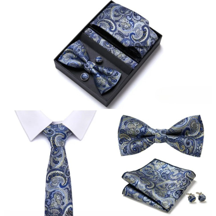 coffret cravate nœud papillon, ensemble cravate imprimée, accessoire homme de luxe, boutons de manchette en soie, coffret cadeau pour homme
